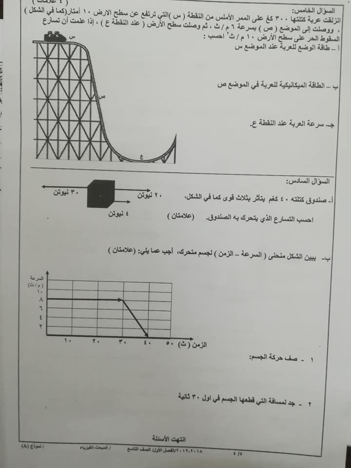 بالصور نموذج A وكالة امتحان الفيزياء النهائي للصف التاسع الفصل الاول 2018